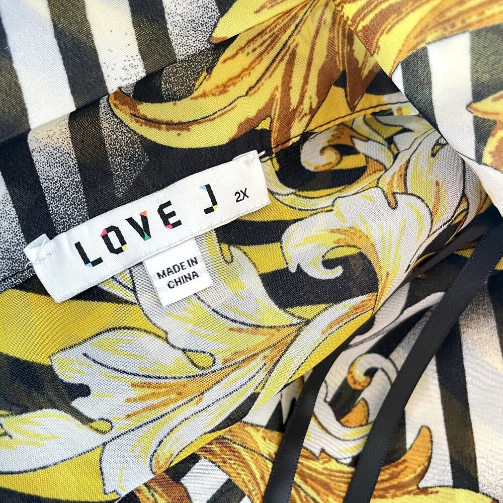 Love J yellow Black Baroque print chiffon sheer long sleeve blouse women plus 2X - Picture 8 of 8